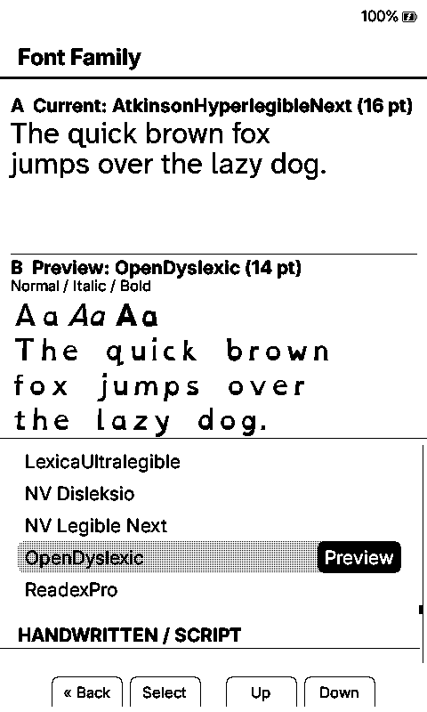 Atkinson Hyperlegible Next current and OpenDyslexic preview