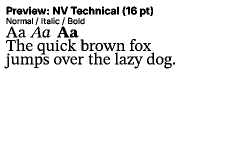 NV Technical Duet font specimen
